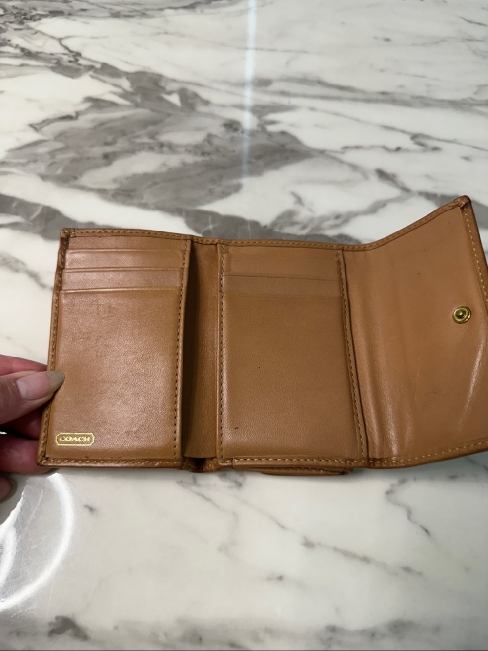 Coach Tan Brown Leather Trifold Key & Card Holder with Signature Canvas - Picture 3 of 4